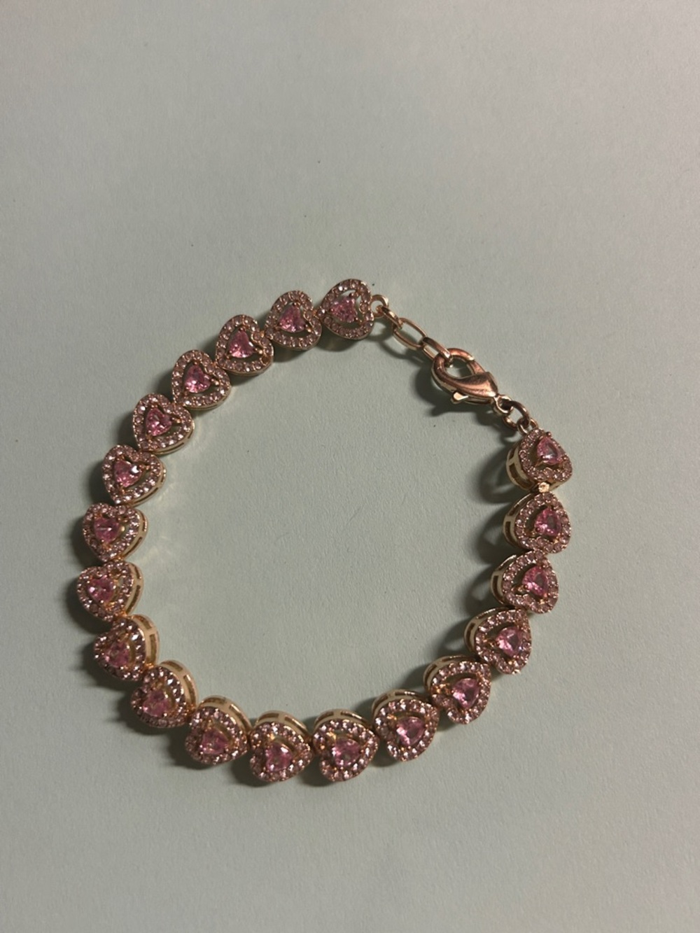Elegant Pink Heart Crystal Tennis Bracelet - Gold Tone